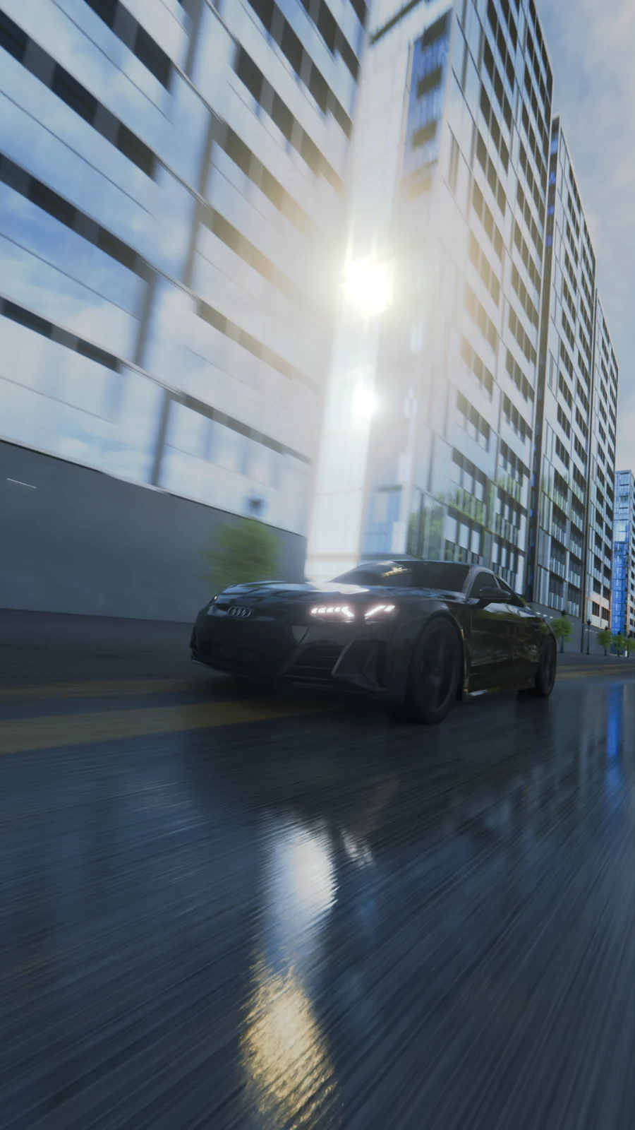 El Audi e-tron GT circulando entre edificios