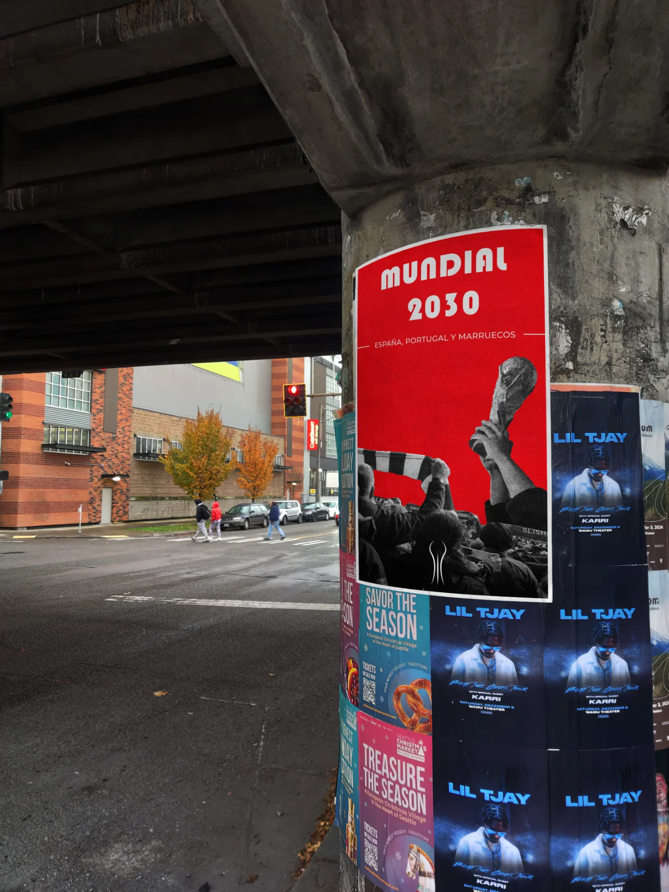Cartel del Mundial 2030 pegado en una columna de la calle